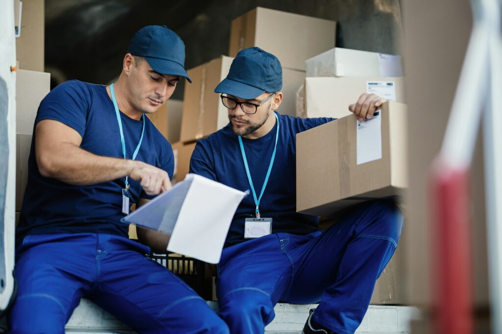 Young couriers cooperating while going through delivery list.